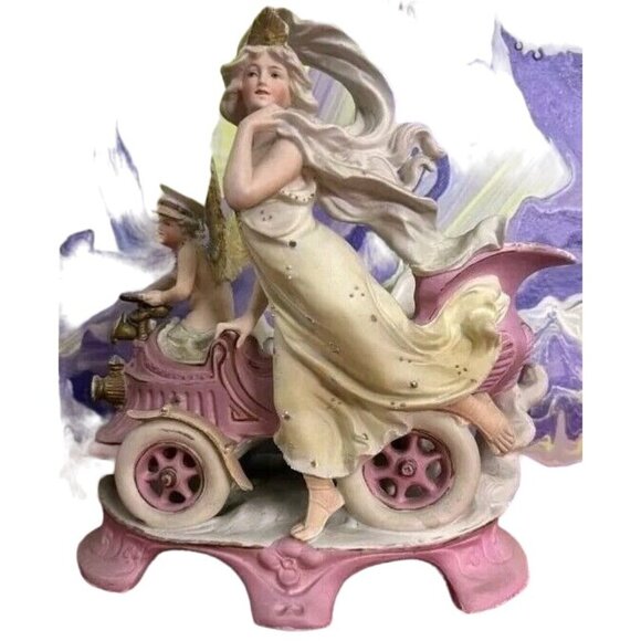 Antique  c1900 Cherub Angel Chauffeur Driving Woman Goddess Vintage Car Figurine - Picture 9 of 16